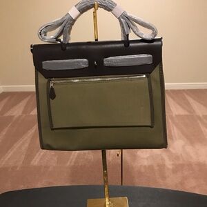 Stylish Olive Green and Brown Handbag, comes with wristlet and lock and key